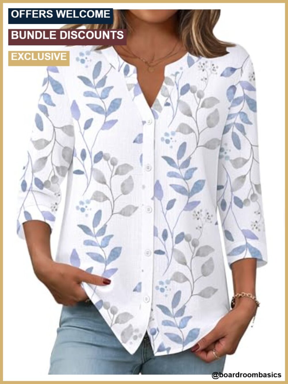 Linen Cotton Button Down Shirt 3/4 Sleeve Collared V Neck Blouse